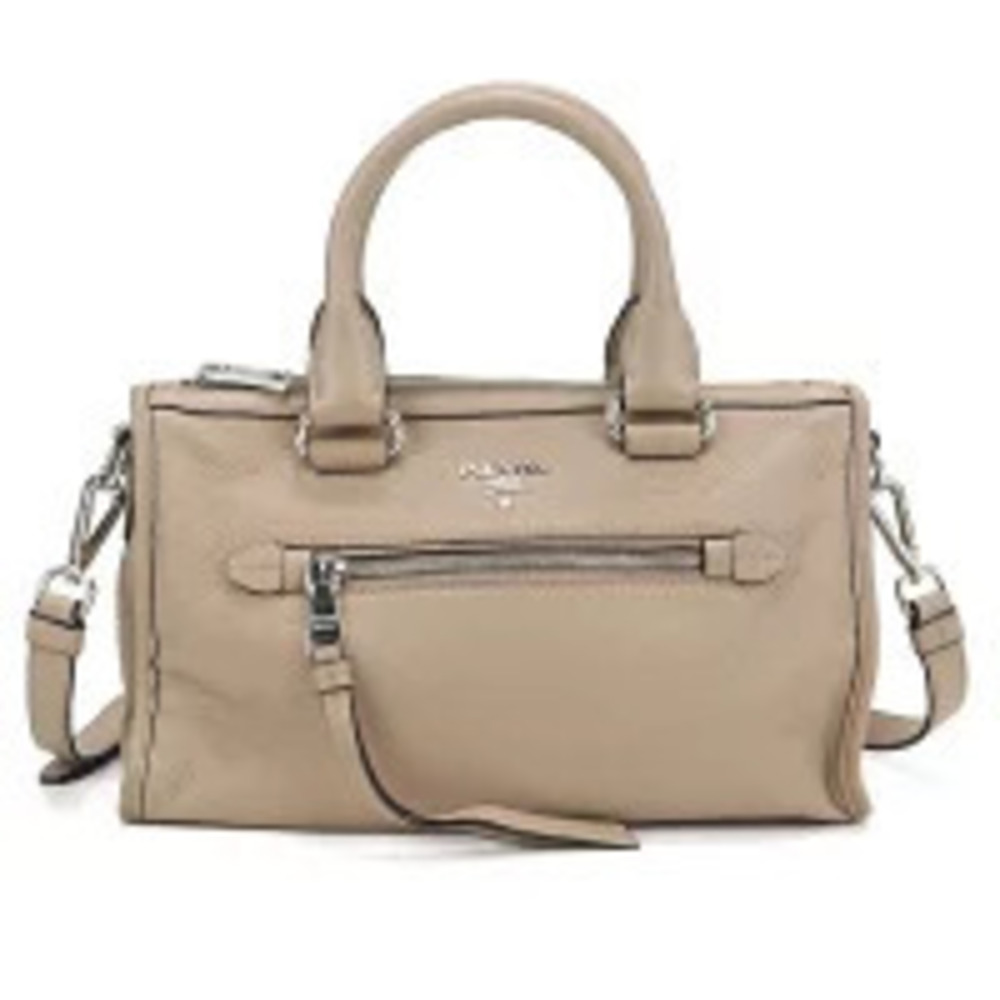 Prada beige leather top handle satchel handbag textured leather rolled handles